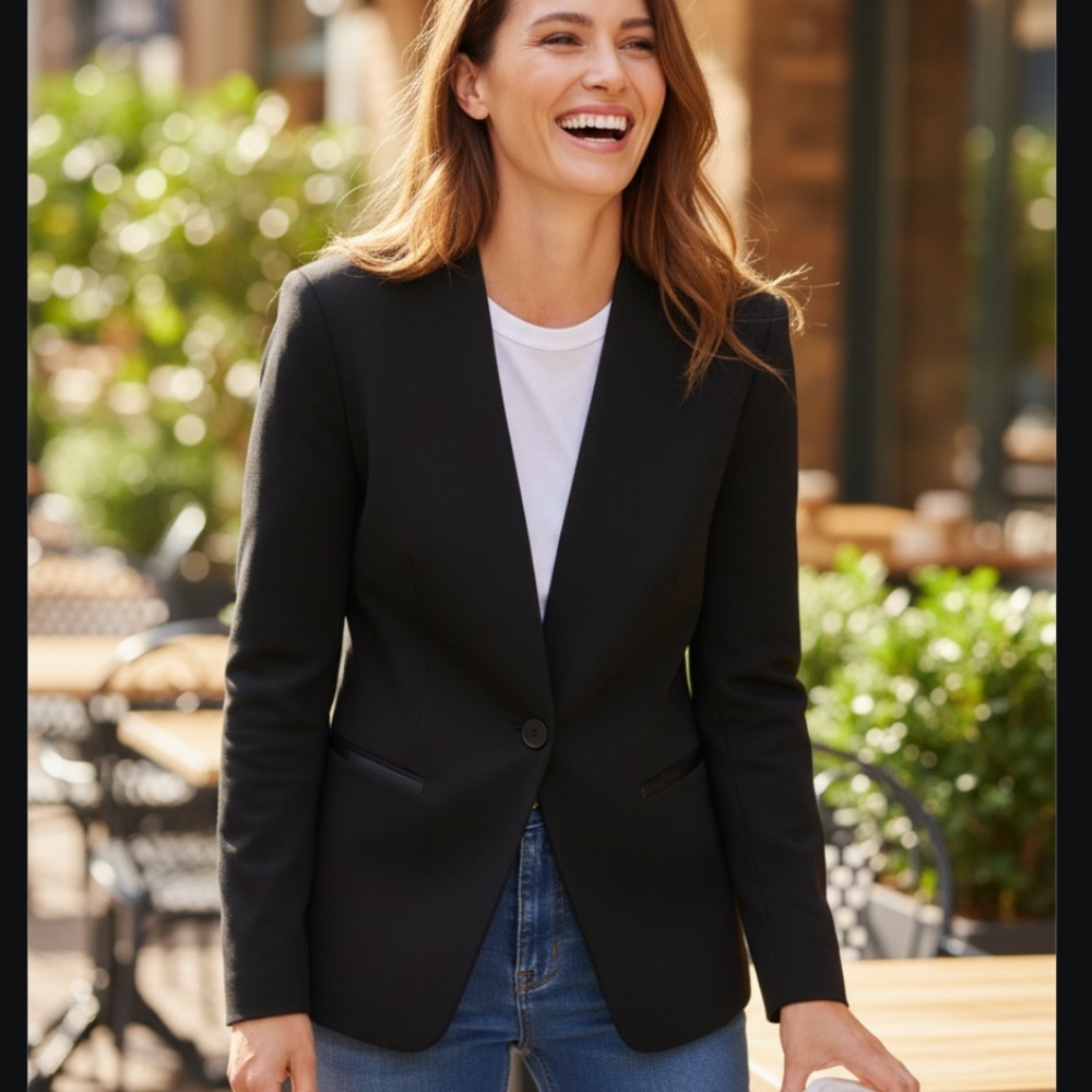 By Marlene Birger Black Single Button Contemporary Collarless Fitted Blazer